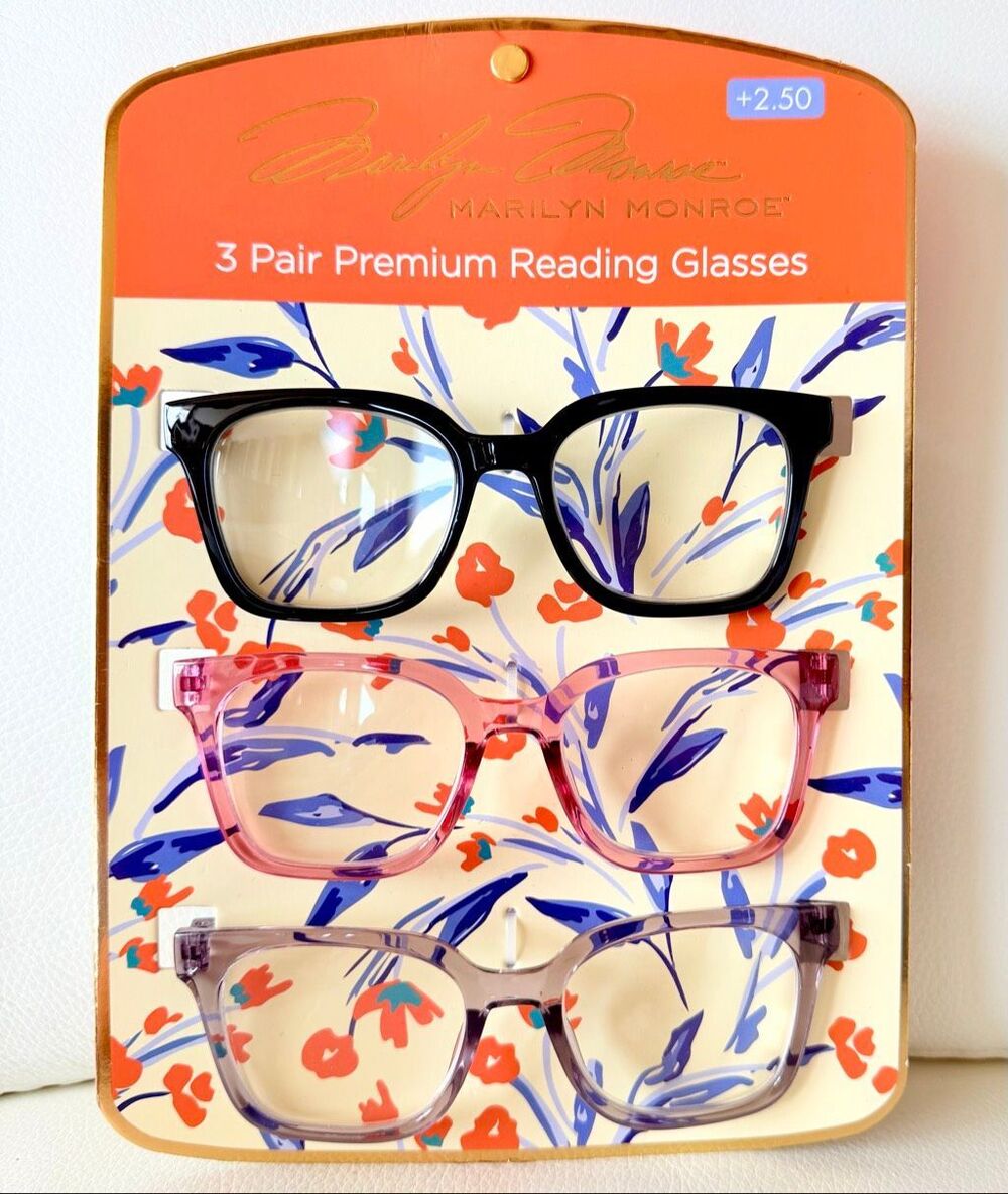 NWT 3 Pack 2.50 Marilyn Monroe Premium Reading Glasses Black, light Pink & Grey